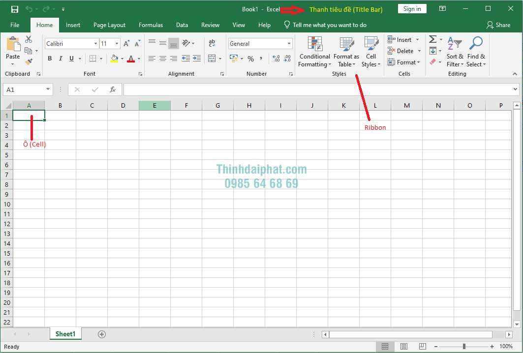 Giới Thiệu Cơ Bản Về Excel Cho Người Mới Bắt Đầu, Hình ảnh giao diện Ô (Cell), Ribbon, Thanh tiêu đề (Tile Bar) cho các bạn mới tự học Excel
