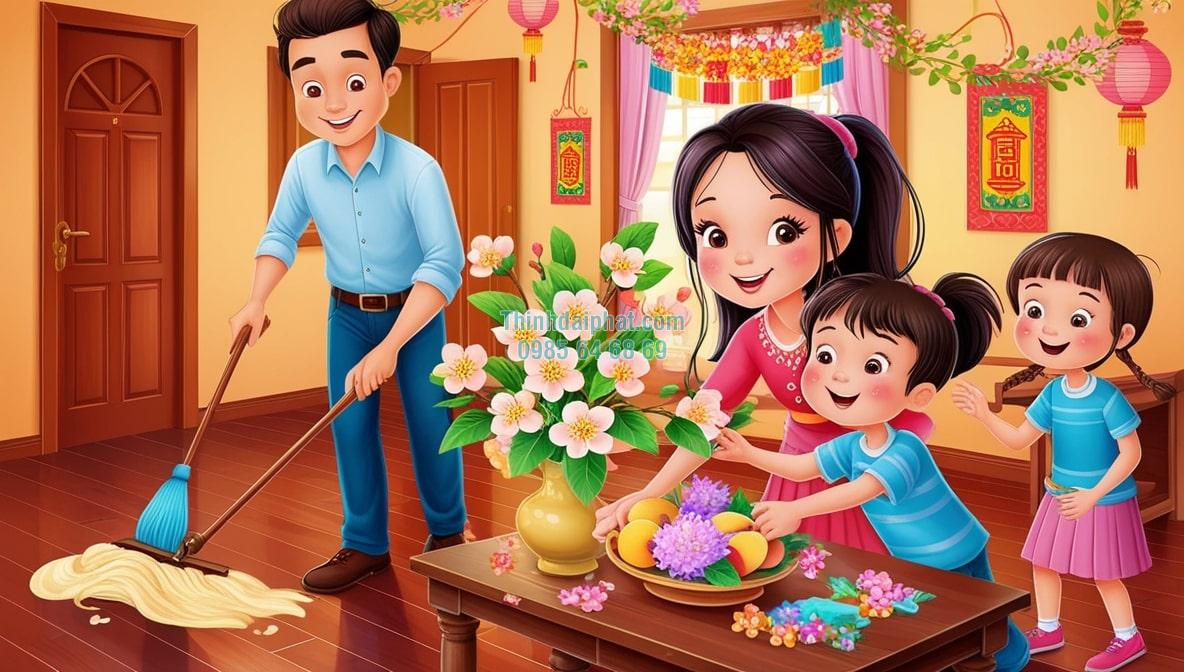 TRANG TRÍ NHÀ RỰC RỠ ĐÈN NHÁY VÀ HOA ĐÀO ĐÓN TẾT ẤM ÁP